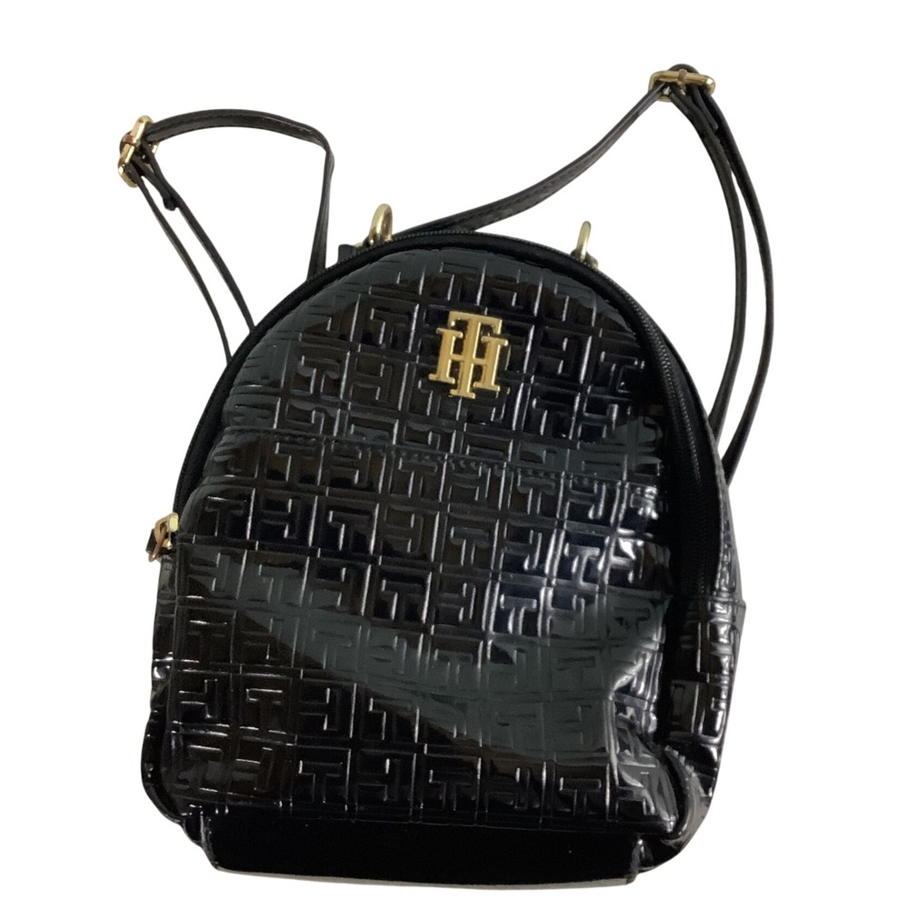 Tommy Hilfiger Black Patent Monogram Mini Backpack Gold Hardware